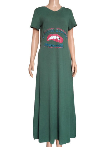 Women Lips Print Short Sleeve Side Split Daily Casual Maxi Dress