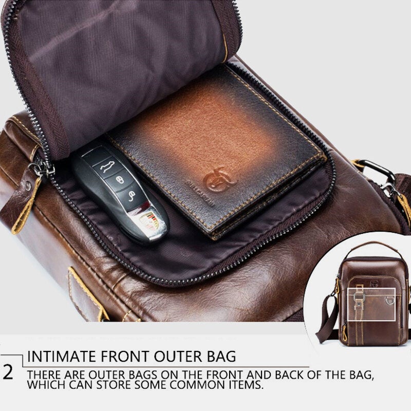 Men Genuine Leather Multi-pocket Crossbody Bag Vintage Keychain Design Shoulder