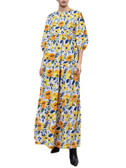 Casual Floral Print O-Neck Loose Back Zipper Puff Sleeve Holiday Maxi Dress For Women