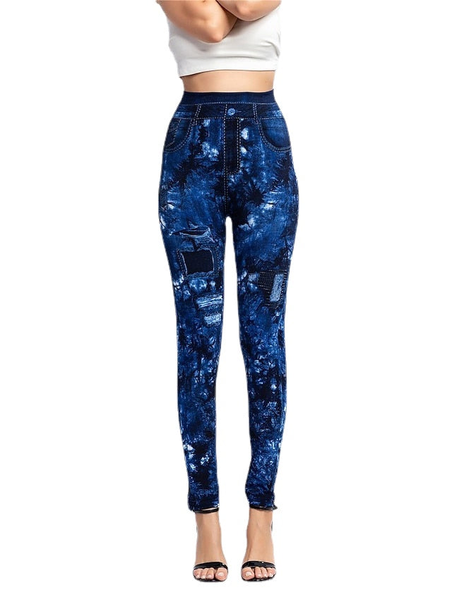 Women's High Waist Print Comfort Denim Pants