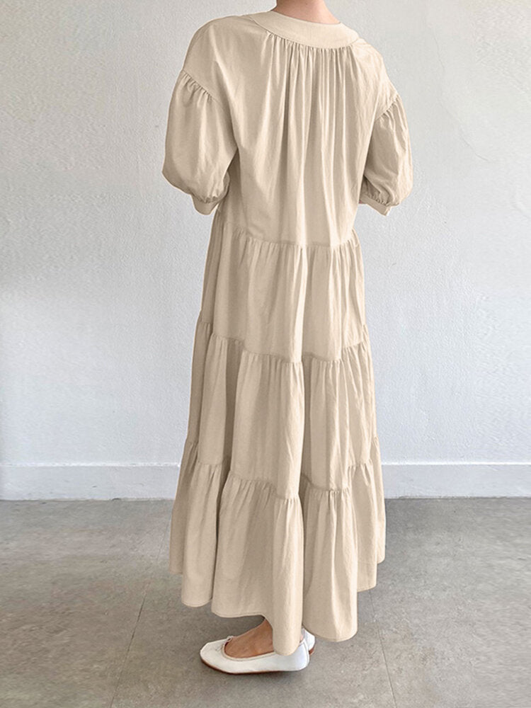 Solid Button Half Sleeve V-neck Loose Casual Maxi Dress