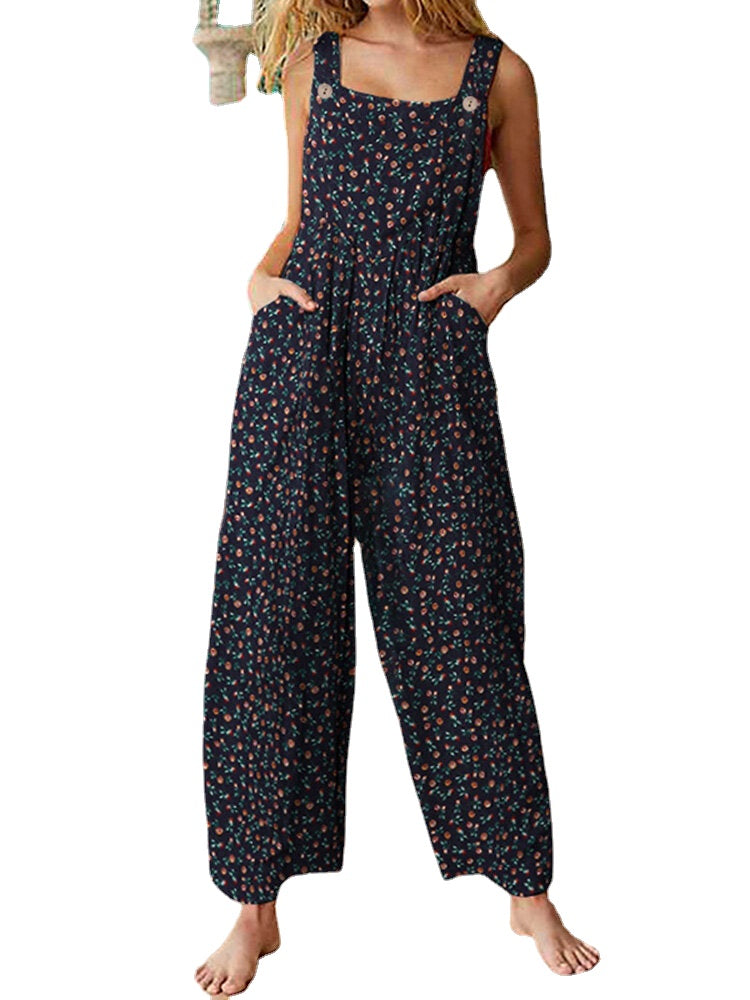 Women Vintage Ditsy Floral Print Double Pocket Casual Strappy Jumpsuits