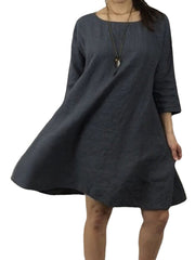 Women Casual Crew Neck Pure Color 3/4 Sleeve Dress