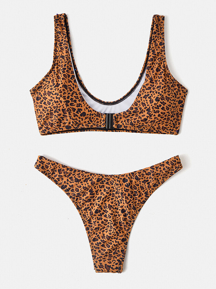 Women Leopard Animal Print Wide Shoulder Straps Backless Bikini Thong Swimsuits