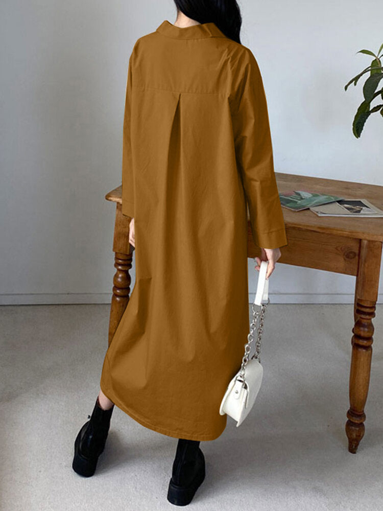 Solid Long Sleeve Lapel Casual Shirt Dress For Women