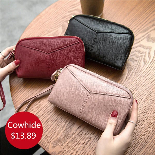 Women Genuine Cowhide 6.3 Inches Phone Clutch Wallet Keys Card Coin Holder