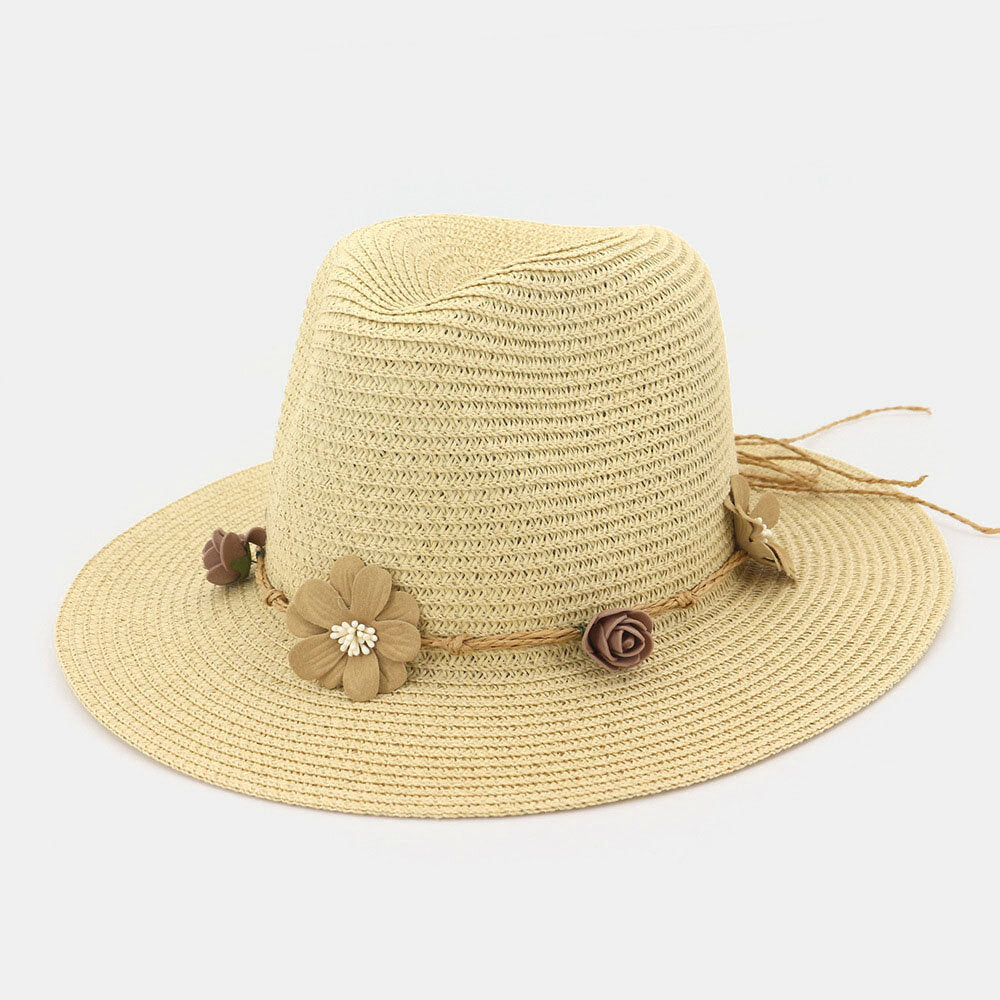 Women Sunscreen Travel Beach Sun Hat Flower Decoration Elegant Jazz Hat Straw Hat