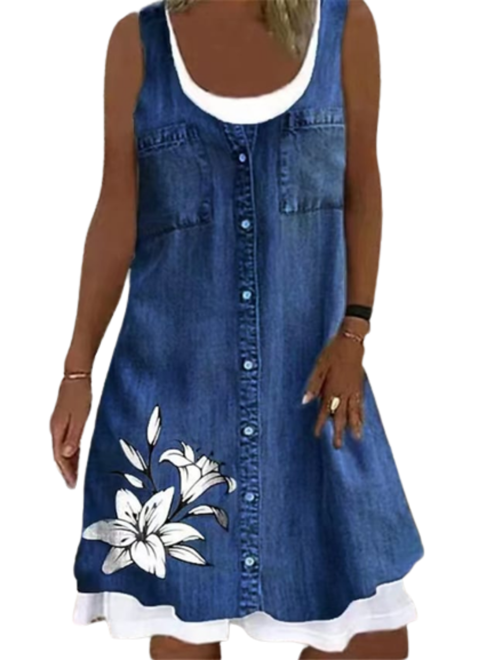 Women's Sleeveless Print Button Round Neck Casual Denim Color Dress