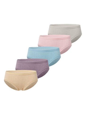 5Pcs Women Cotton Solid Color Lace Trim Antibacterial Mid Waist Panties