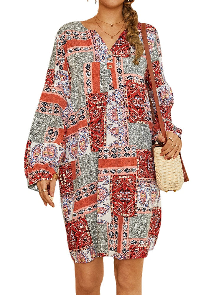 Women Colorblock Ethnic Style Print Puff Sleeve V-Neck Bohemian Midi Dress