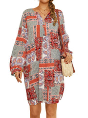 Women Colorblock Ethnic Style Print Puff Sleeve V-Neck Bohemian Midi Dress