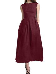 Solid Ruched Sleeveless Zip Casual Cotton Maxi Dress