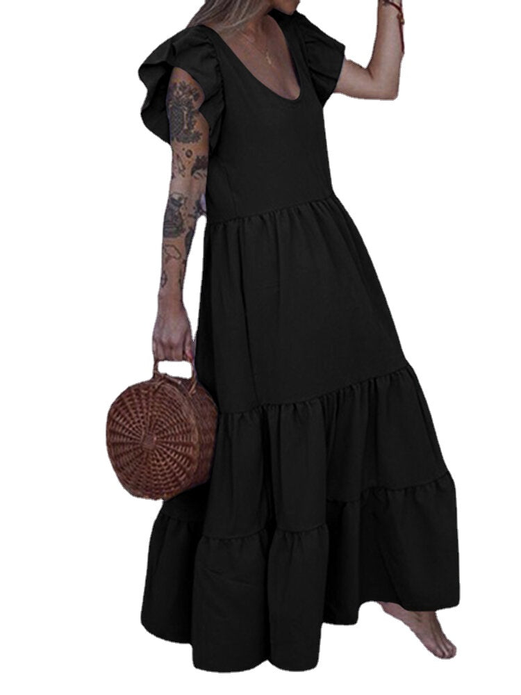 Women Solid Color Ruffles Sleeve Bohemian Casual U-Neck Layered Tiered Dress