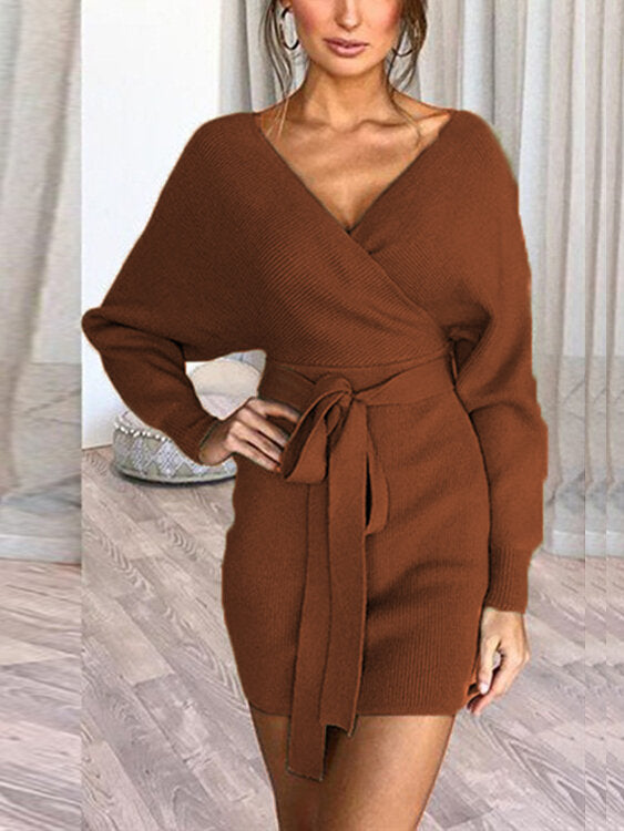 Women Solid Color V-neck Long Sleeves Backless Mini Dress