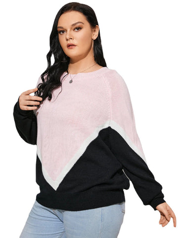 Plus Size Crew Neck Color Block Patchwork Long Sleeves Sweater