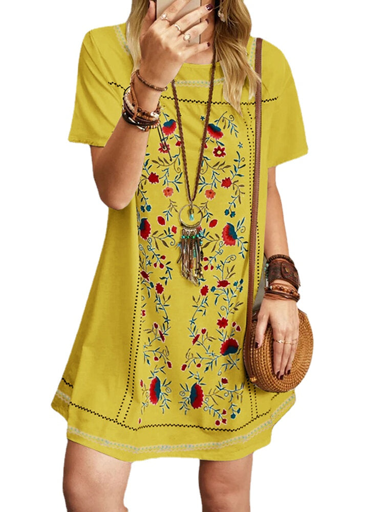 Floral Print Short Sleeve O-neck Casual Dress