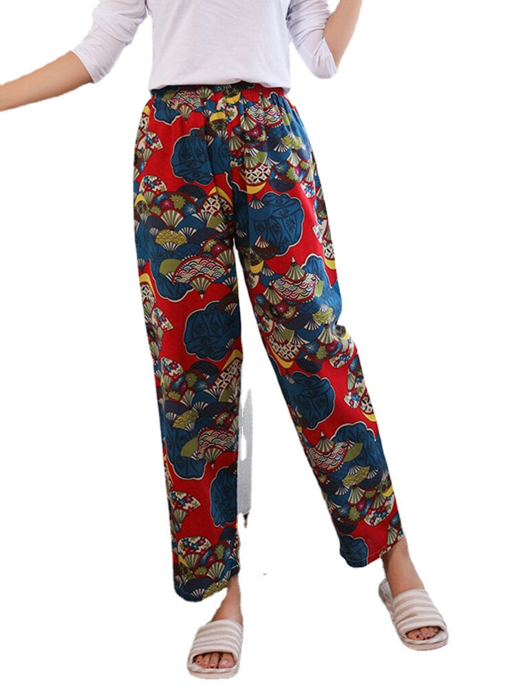 Cotton Design Floral Print Elastic Waist Casual Home Pajamas Pants