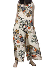 Women Cotton Plant Floral Print Side Pockets Sleeveless Casual Jumpsuits