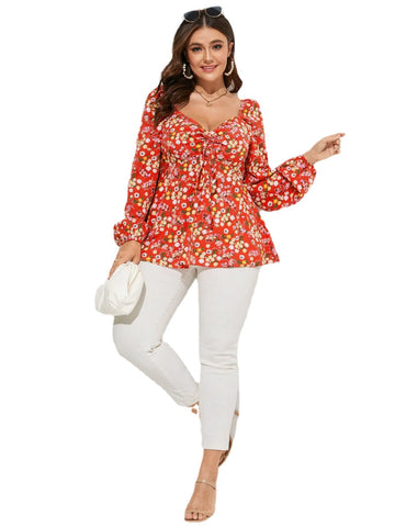Plus Size Calico Drawstring Backless Design Long Sleeves Blouse