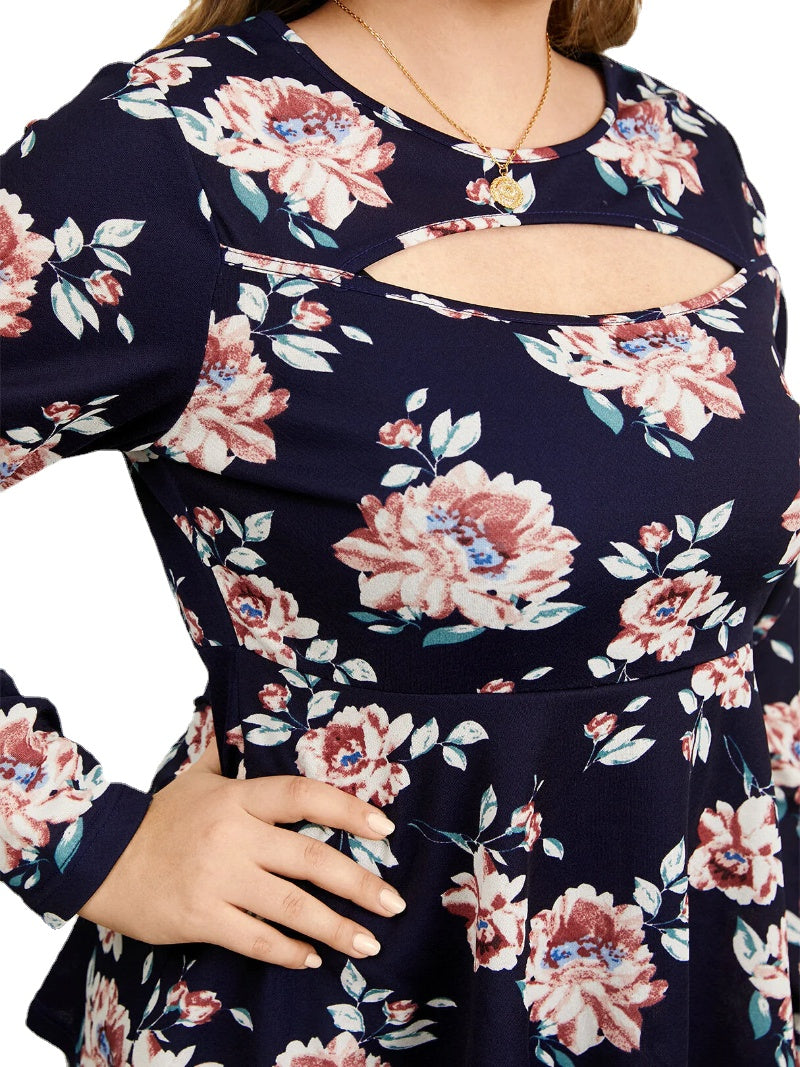 Plus Size Crew Neck Floral Print Cut Out Long Sleeves Tee