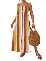 Striped Button Down Split Straps Women Casual Maxi Dress