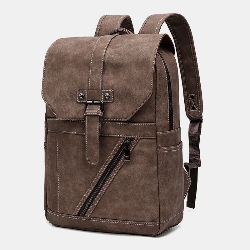 Men Multi-pocket Breathable PU Leather Backpack Vintage 14 Inch Laptop Bag Large Capacity Travel