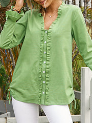 Women Green Ruffle Trim Long Sleeve Drawstring Button Casual Blouse