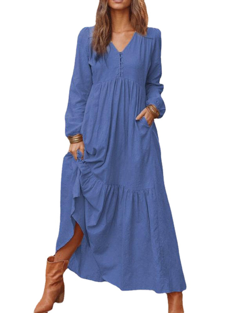 Women Solid Color O-neck Casual Maxi Dress