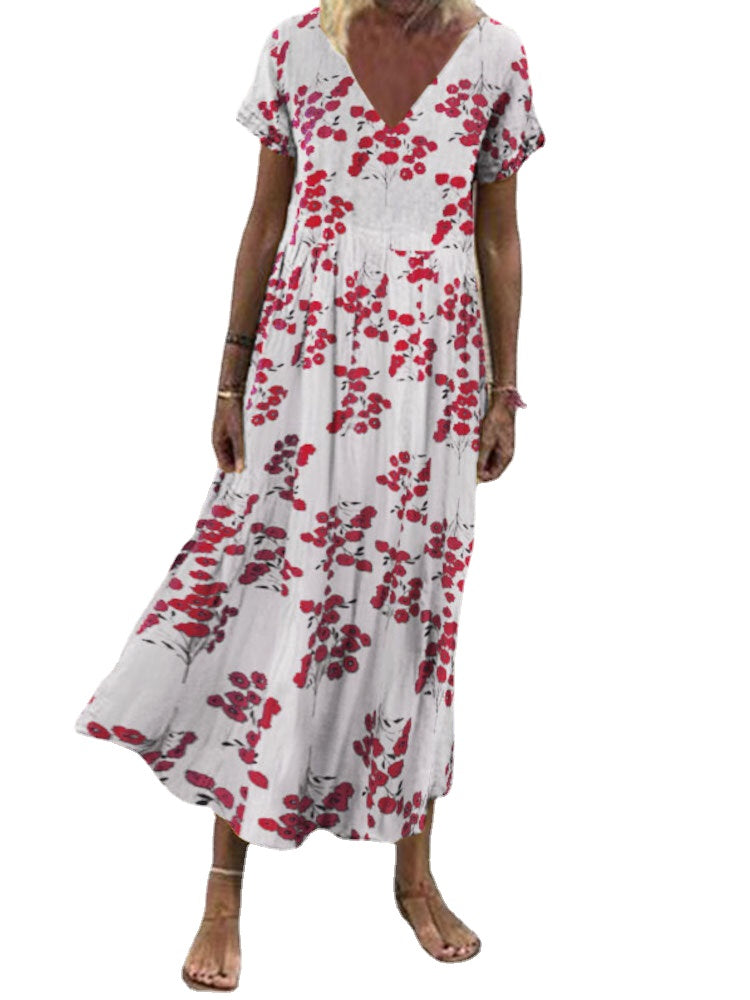 Floral Print V-Neck Leisure Holiday Maxi Dress