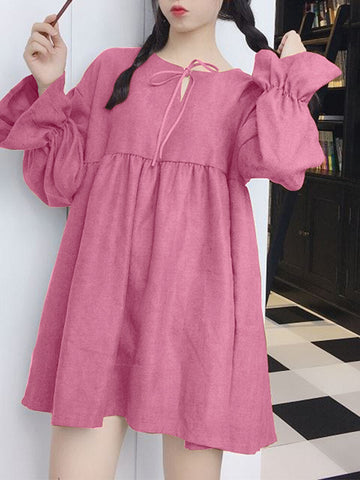 Pleating LongSleeve Solid Color Dress Korean Style Dresses