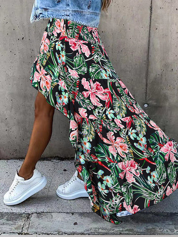 Elastic Waist Spliced Floral Pleats Summer Skirts For Women