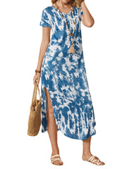 Women Solid V-Neck Tie Dye Split Side Casual Short Sleeve Maxi Dresses