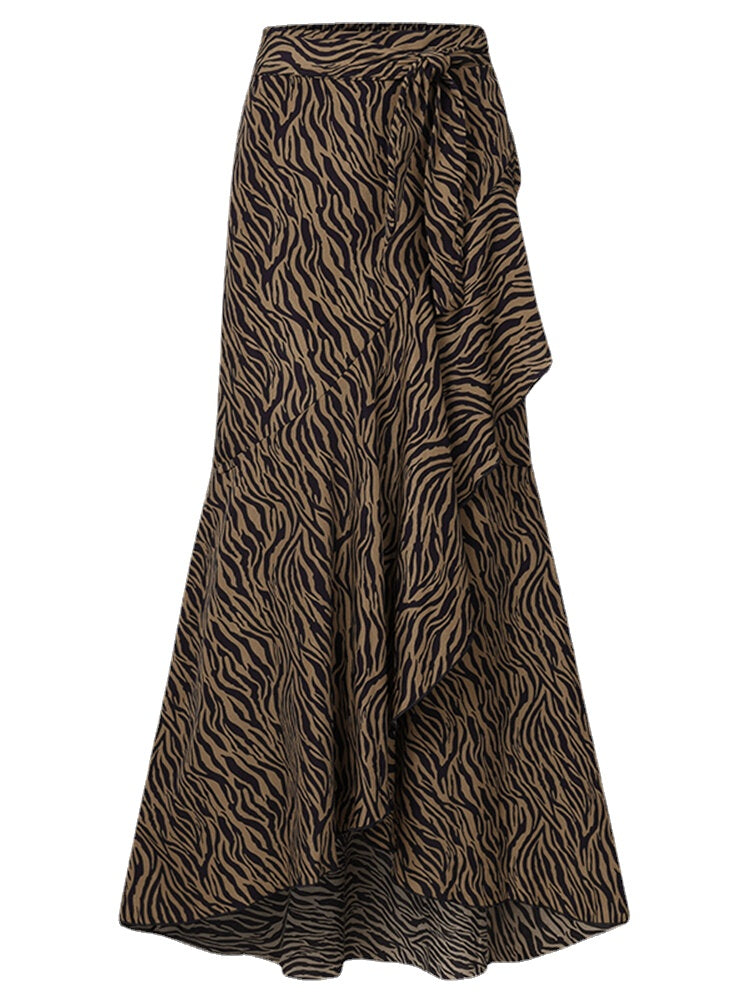 Women Zebra Print Asymmetric Ruffle Knotted Casual High Waist Skirts