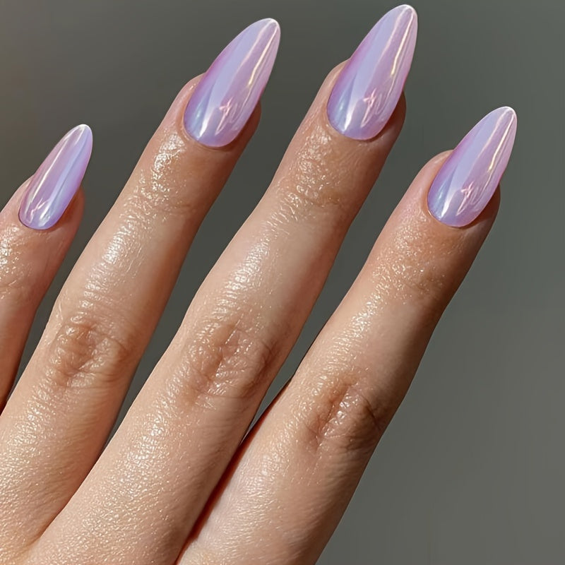 24pcs Holographic Pink Chrome Press On Nails - Medium Almond Shape with Glitter, Tape & File