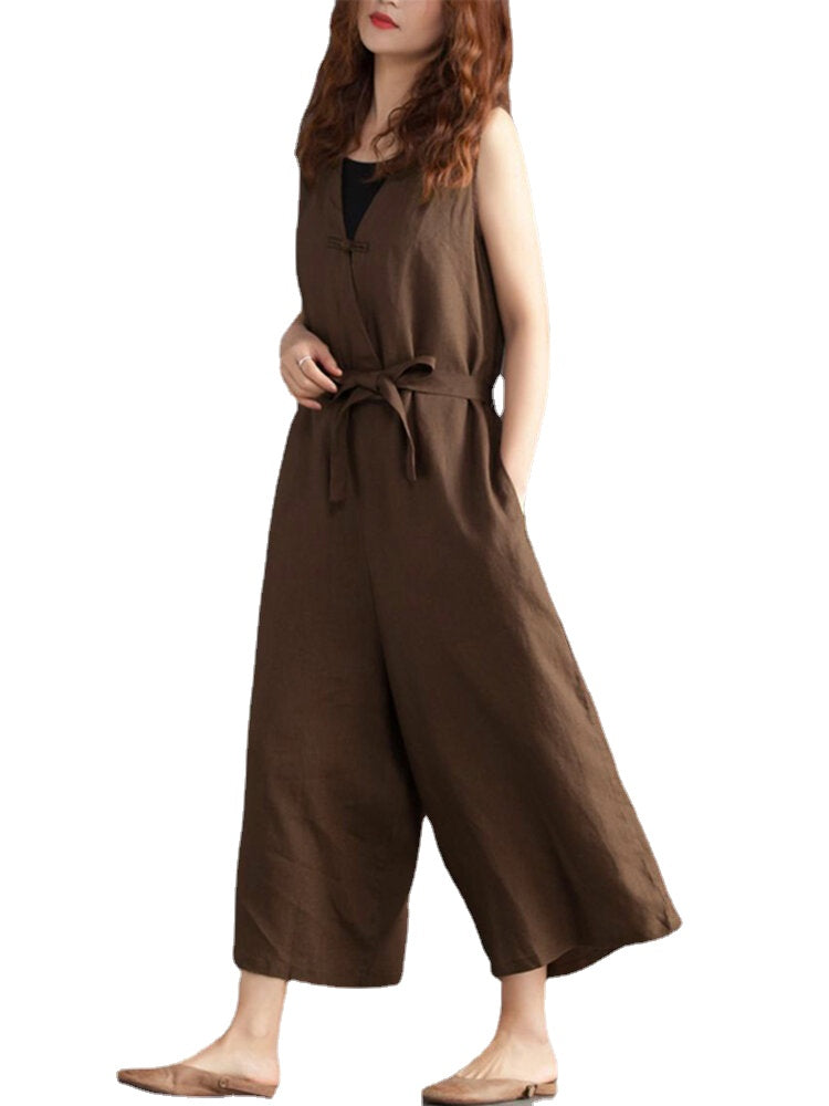 Women Wide Leg Cotton Solid Color V-Neck Sleeveless Jumpsuit with Pockets