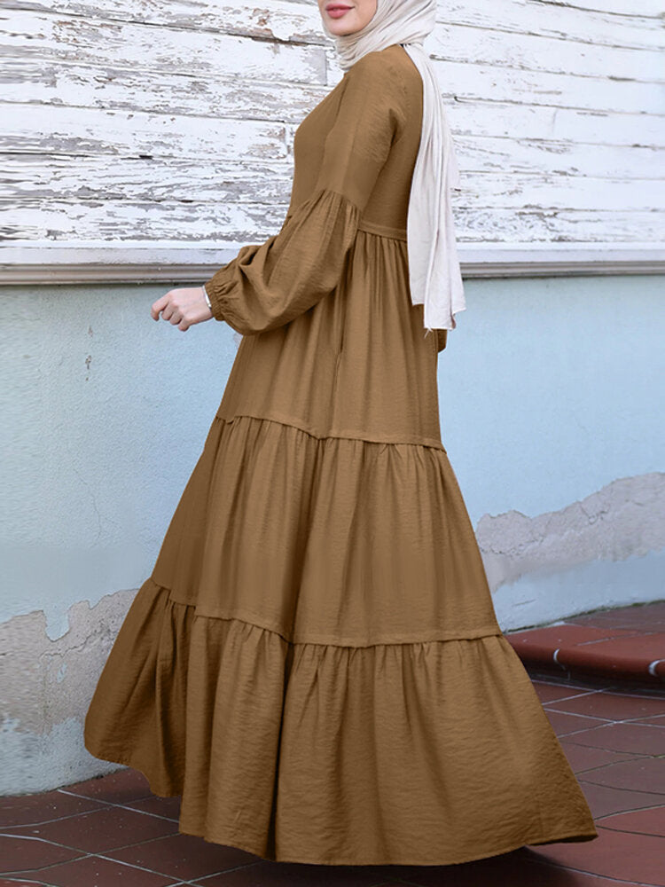 Women Layered Pleats Solid Color Puff Casual Long Sleeve Bohemian Maxi Dress