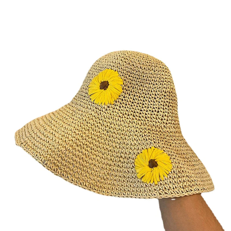 Women Straw Floral Solid Color Elegant Sunflower Big Brim Visor Sun Protection Hat Beach Hat Bucket Hat