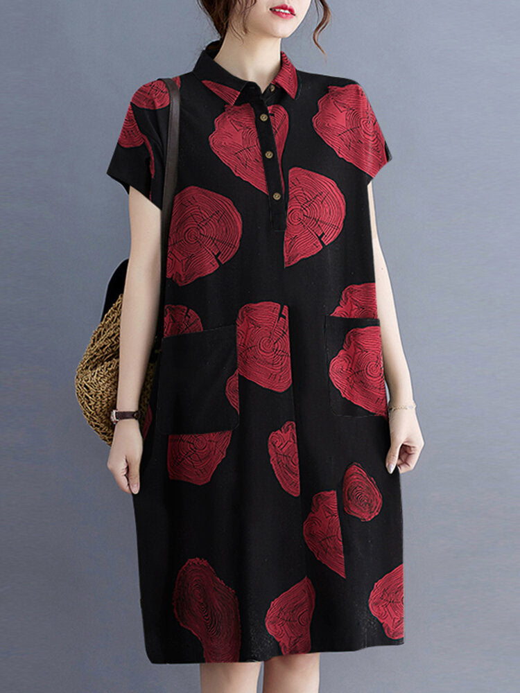 Print Button Pocket Lapel Short Sleeve Casual Midi Dress