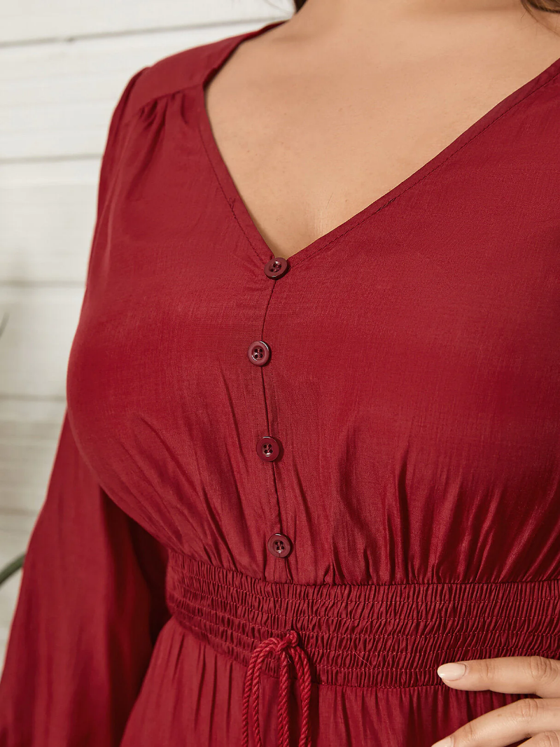 Plus Size V-neck Button Design Shirring Long Sleeves Dress