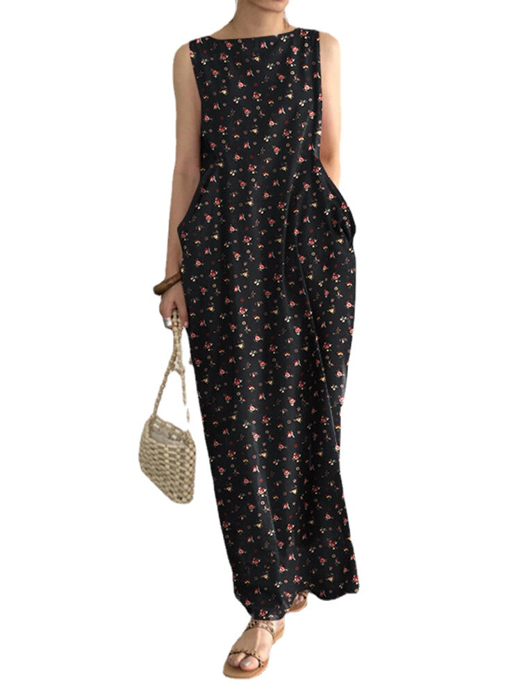 Pocket Ditsy Floral Round Neck Summer Sleeveless Maxi Dress