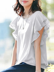 Solid Layered Ruffle Round Neck Casual Blouse