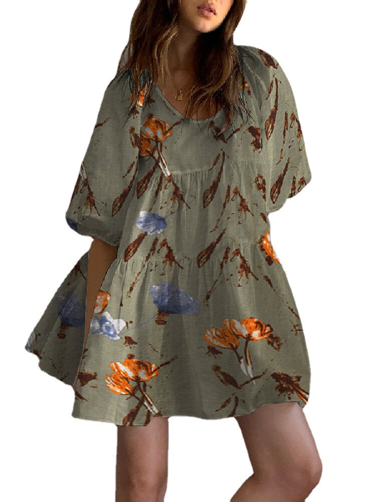 Floral Print Round Neck Puff Sleeve Pleated Tiered Holiday Casual Mini Dress