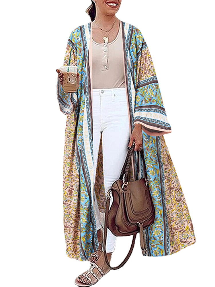 Bohemian Floral Print Loose Open Front Long Sleeve Cardigan