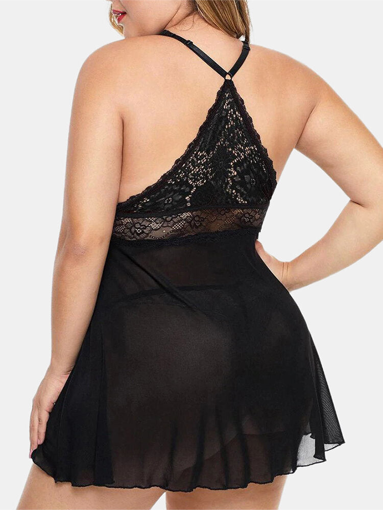 Plus Size Women Lace Hollow Out Backless Perspective Nightgown