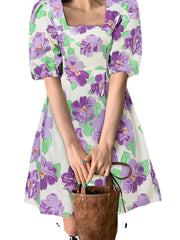 Puff Sleeve Floral Bohemian Retro Style Dress For Women