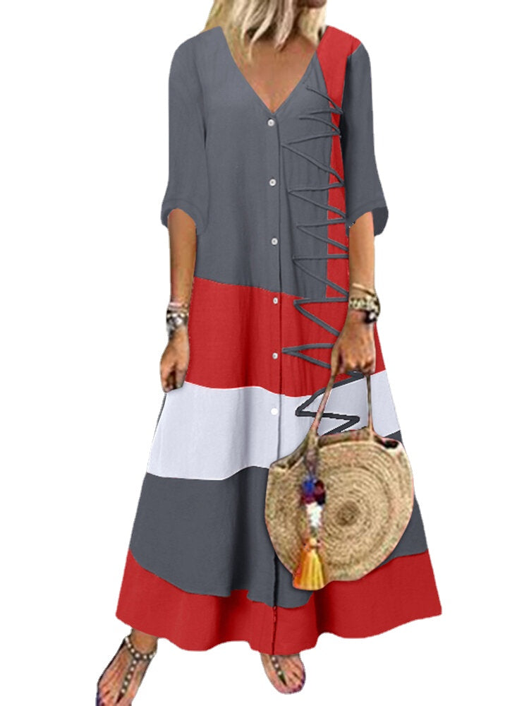 Multicolor Patchwork V Neck Button Maxi Dress