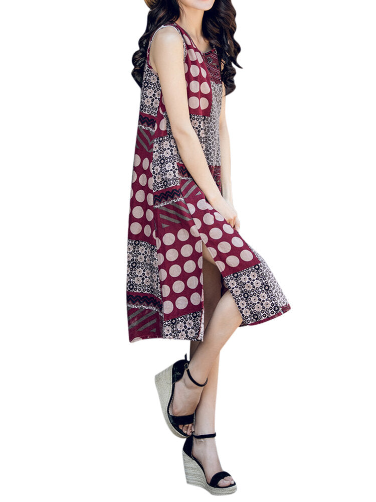 Women Sleeveless Random Printed Patchwork Split Hem Casual Dresses