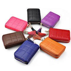 Women Genuine Leather Quilted Card Holder Girls Tassel Zipper Short Wallet Coin Bags