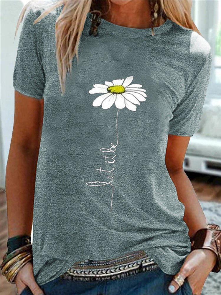 Women Daisy Embroidery Round Neck Casual Short Sleeve T-Shirts