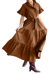 Casual Solid Color Lapel Collar Button Belted Pleated Ruffles Maxi Dress